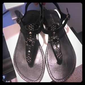 Mystique Black Leather Embellished Flat Sandals
